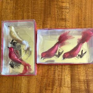 Holiday Style Glass Festive Cardinal Ornaments 2 Sets 4 Birds - Red and Gold